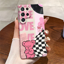 卡通可爱格纹小熊适用三星菲林手机套S22/S23+全包S24跨境批发女