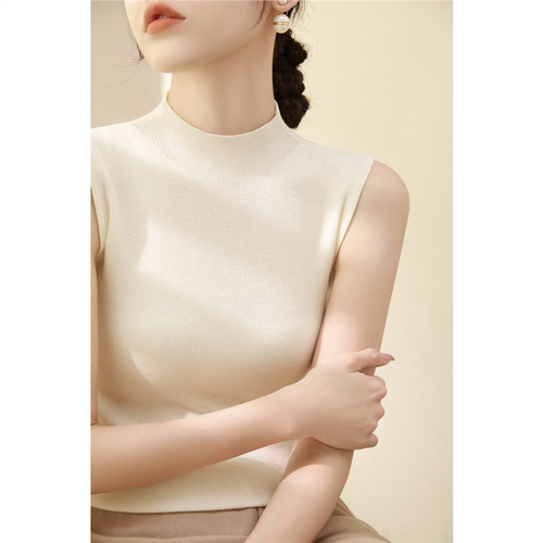 Summer Lyocell Tencel Fitted Sleeveless Knit Top New Fashion Half-Neck Ice Silk Backless Tank Top for Women