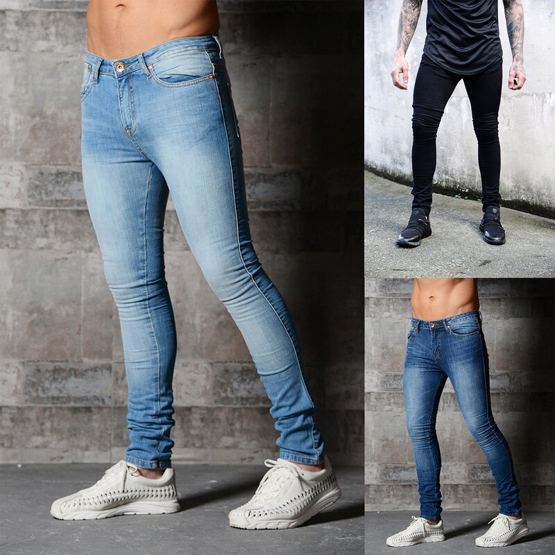 European and American 2025 Amazon Ebaywish New Men's Tight Elastic Pure Color Classic Versatile Denim Pants