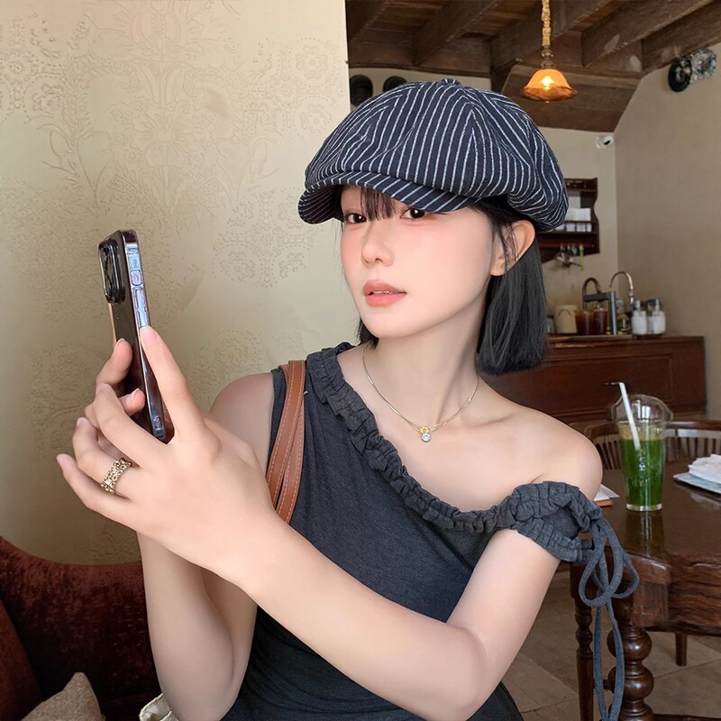 日本のレトロなストライプの芸術的なベレー帽、顔が小さい女性用、通気性のある日よけ、日焼け止め、大きな頭囲の八角形の帽子、トレンディです。|undefined