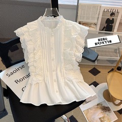 絶美で美しい白いシャツの女性は年齢を減らして飛んで袖の小さい衆のレースのシャツの夏のデザイン感を飛んで腰の気質の短い上着を収めます。