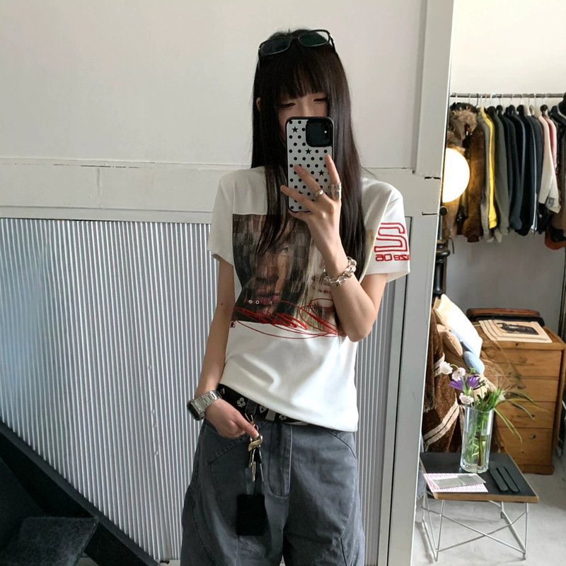 Street Style American Shoulder-Length Short-Sleeve Women's Summer Punk Visual Heavy-Duty T-Shirt Slim Fit Subculture Top