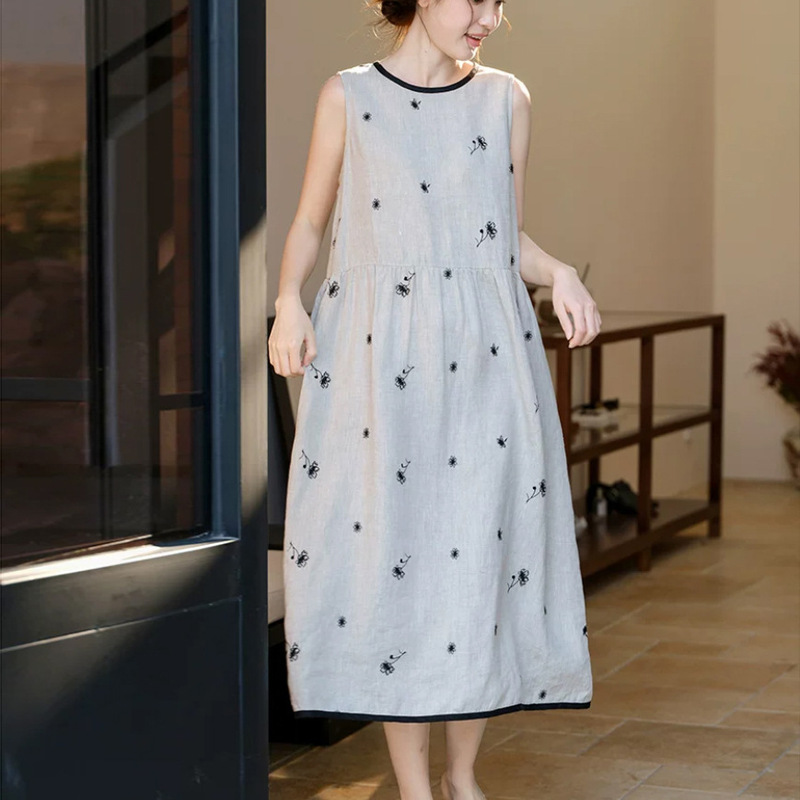 100% High-End Rain Dew Linen Old Money Style Retro Embroidered Linen Sleeveless Dress Tank Dress 100% High-End Rain Dew Linen Old Money Style Retro Embroidered Linen Sleeveless Dress Tank Dress