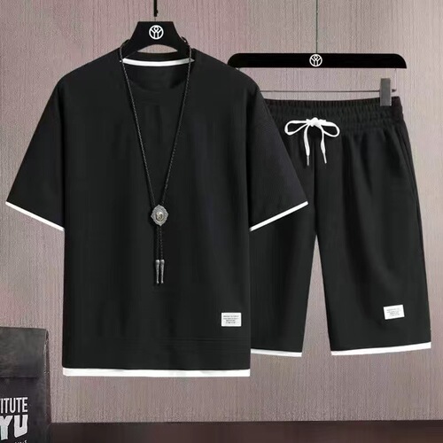 Waffle Men's Large Size Two-piece Set Shorts Summer casual Men's Loose Short-sleeved Trend Sports Two-piece Set
