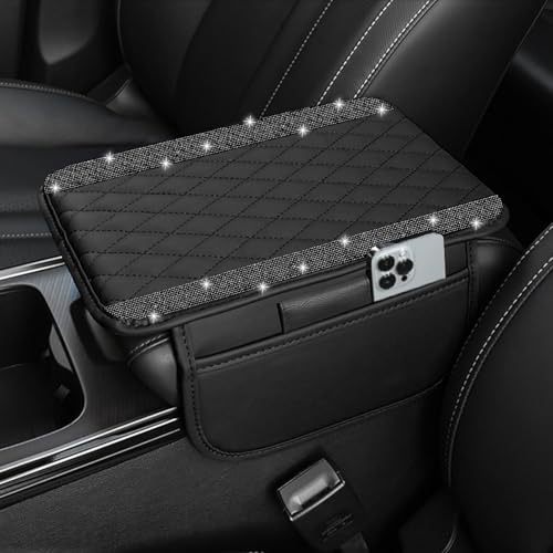 Car Shiny Crystal Armrest Box Mat Center Console Cover Leather Cover Pad Storage Bag Universal Protective Pad Arm Storage