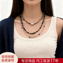 虎眼石黑玛瑙串珠项链绿松石小米珠秋冬毛衣项链女美拉德风格小众