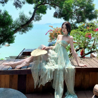 绝美印花抹胸连衣裙女夏季海边度假穿搭性感辣妹不规则无袖长裙子