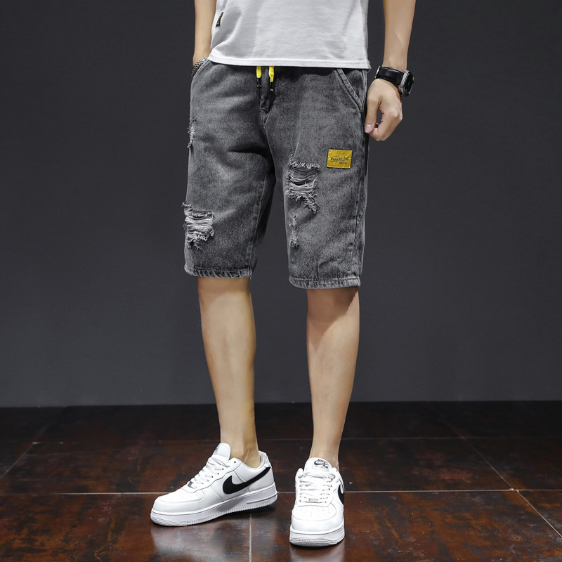 Summer Thin Ripped Denim Shorts Men's Trendy Brand Loose Straight Pants Men's Korean Style Trendy Japanese Style Middle Pants Summer Thin Ripped Denim Shorts Men's Trendy Brand Loose Straight Pants Men's Korean Style Trendy Japanese Style Middle Pants