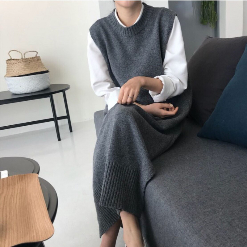 2024 INS Style Long Vest Vest Knitted Shirt dress Niche Joker Sweater Long Skirt