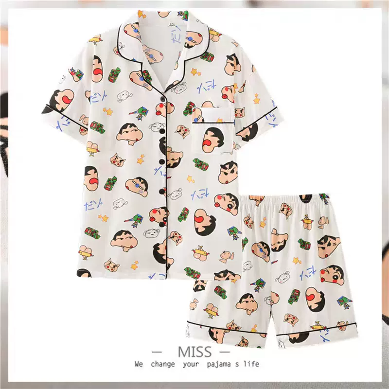 『蜡笔小新』大码女士睡衣女夏季短袖日系学生卡通可爱家居服套装