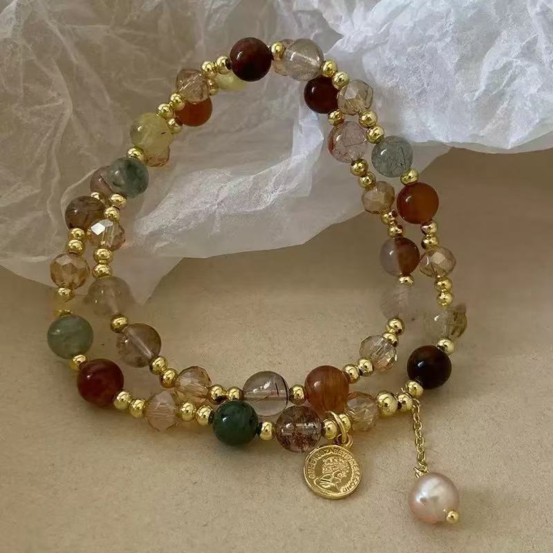 Double-Layer Crystal Pearl Beaded Bracelet for Women, Light Luxury Retro Stackable Bracelet, Ins Niche Design, High-End Jewelry