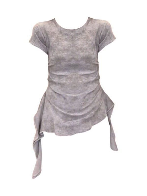 Áo thun nữ tay ngắn cổ tròn, phối dây rút eo, họa tiết tie-dye bất quy tắc — màu đen