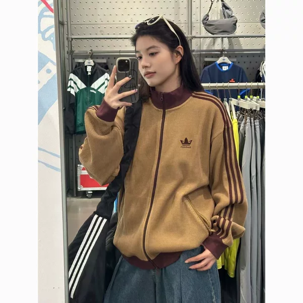 Three-leaf clover Korean-style embroidered waffle knit stand-up collar striped jacket, unisex fashion retro casual jacket