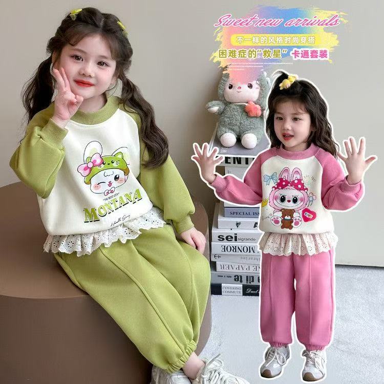 女童网红休闲套装春秋装2025新儿童洋气女宝宝卫衣蕾丝卫裤两件套|undefined