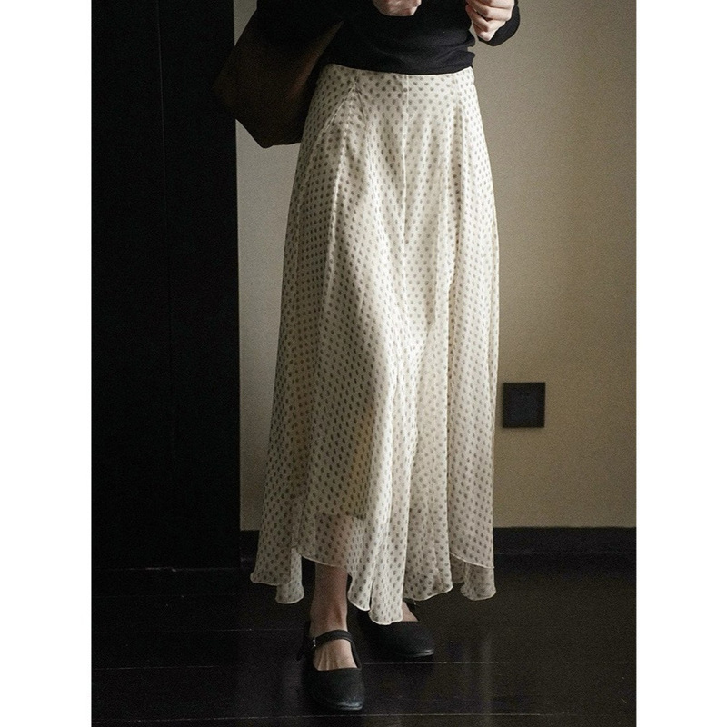 Laloglow Paris in the Rain French Style Irregular Draped Printed Skirt Slimming Long Skirt for Women Spring and Summer Laloglow Paris in the Rain French Style Irregular Draped Printed Skirt Slimming Long Skirt for Women Spring and Summer