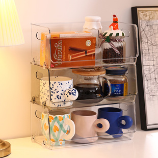 Kitchen Transparent Stackable Cup Storage Rack with Handle Kitchen Countertop Tabletop Sundries Cup Storage Rack