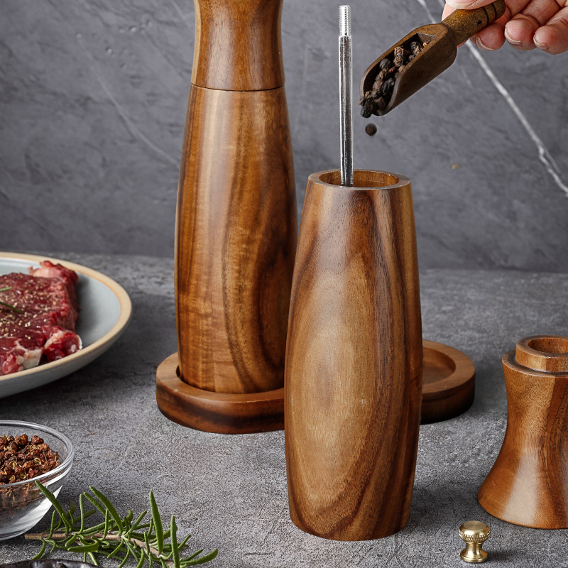 Black pepper grinder Acacia solid wood manual rotating household spice rose salt grinding barrel Western food gadget