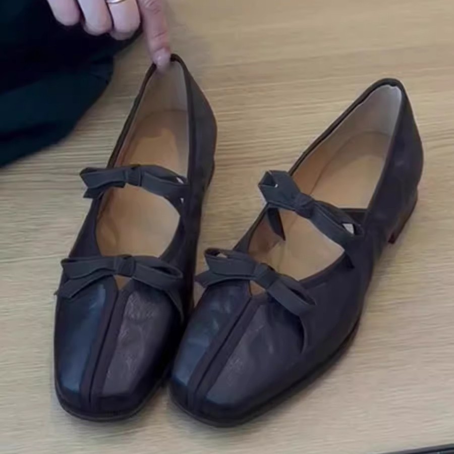 Piel de oveja ~ Zapatos de ballet francés de cuero genuino mujer suela suave con falda vintage Mary Jane zapatos planos con lazo
