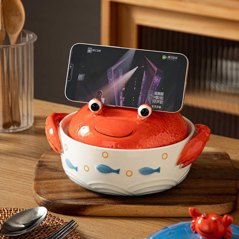 蓋付きクリエイティブオーシャン食器セラミックインスタントラーメンボウル携帯電話ホルダー両耳インスタントラーメンボウル学生寮食事ボウル|undefined