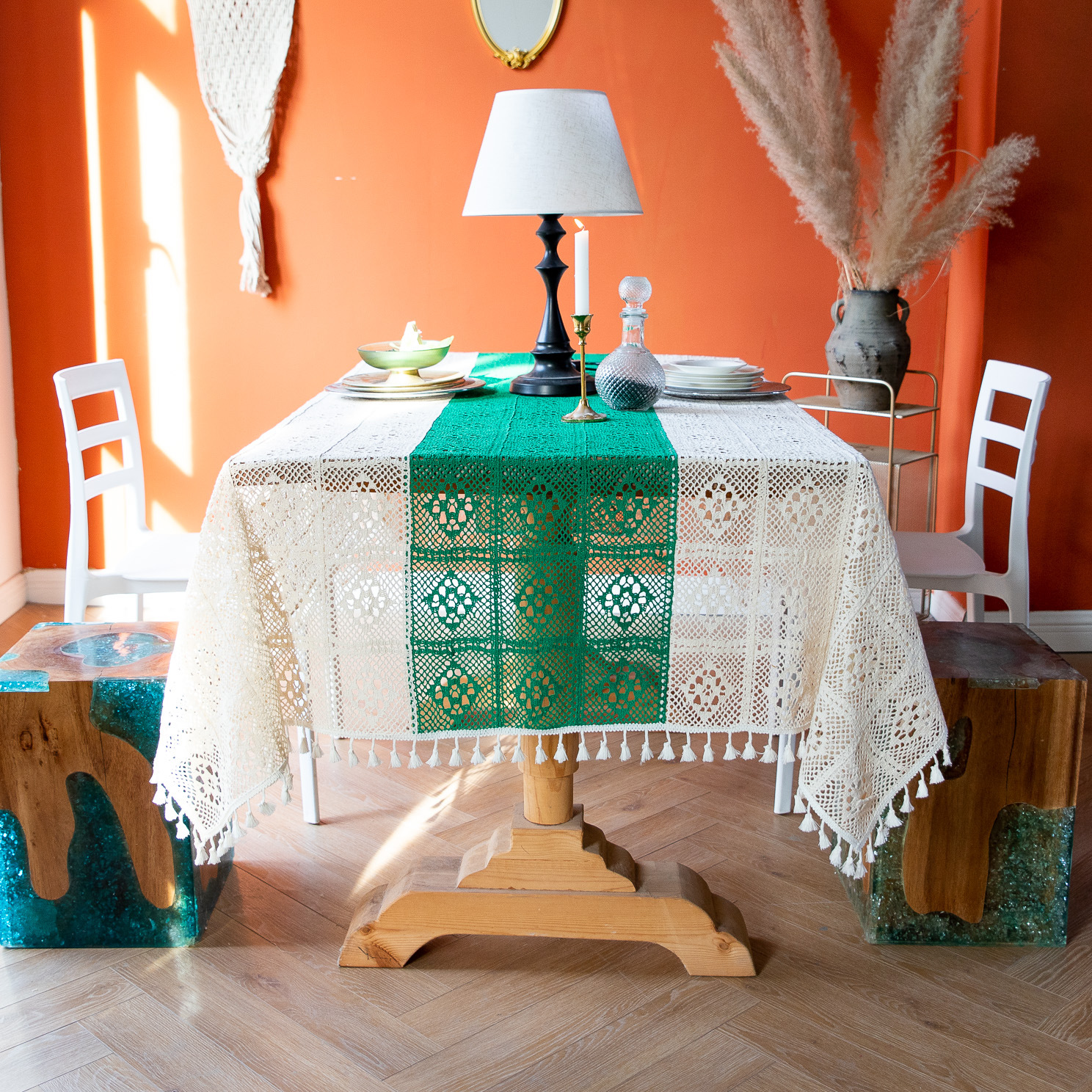 Beige on both sides...green in the middle. crochet tablecloth (off-white tassels)