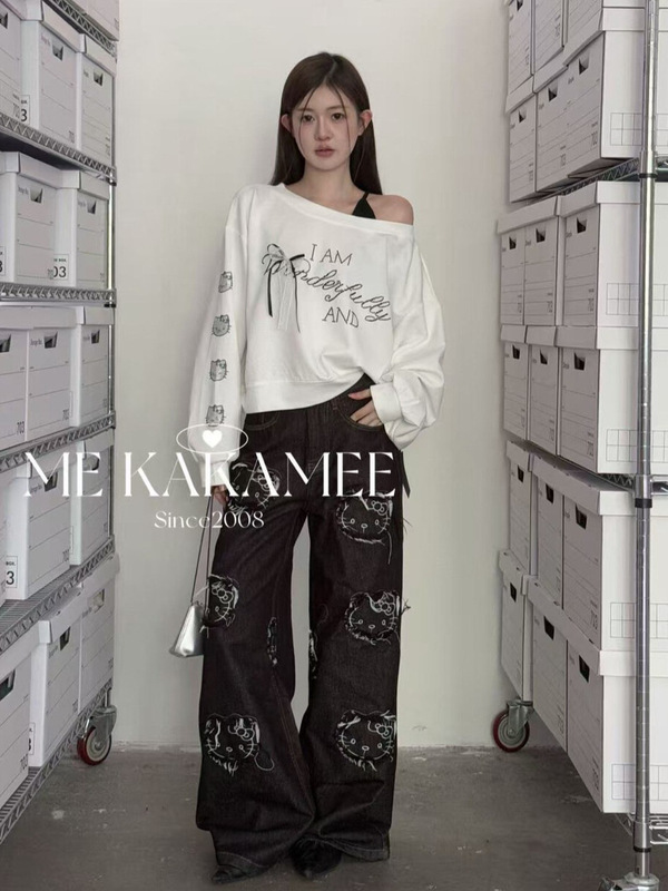 ME KAKAMEE十三行秋季甜辣卡通烫钻KT宽松假两件斜肩卫衣女 S3618|undefined