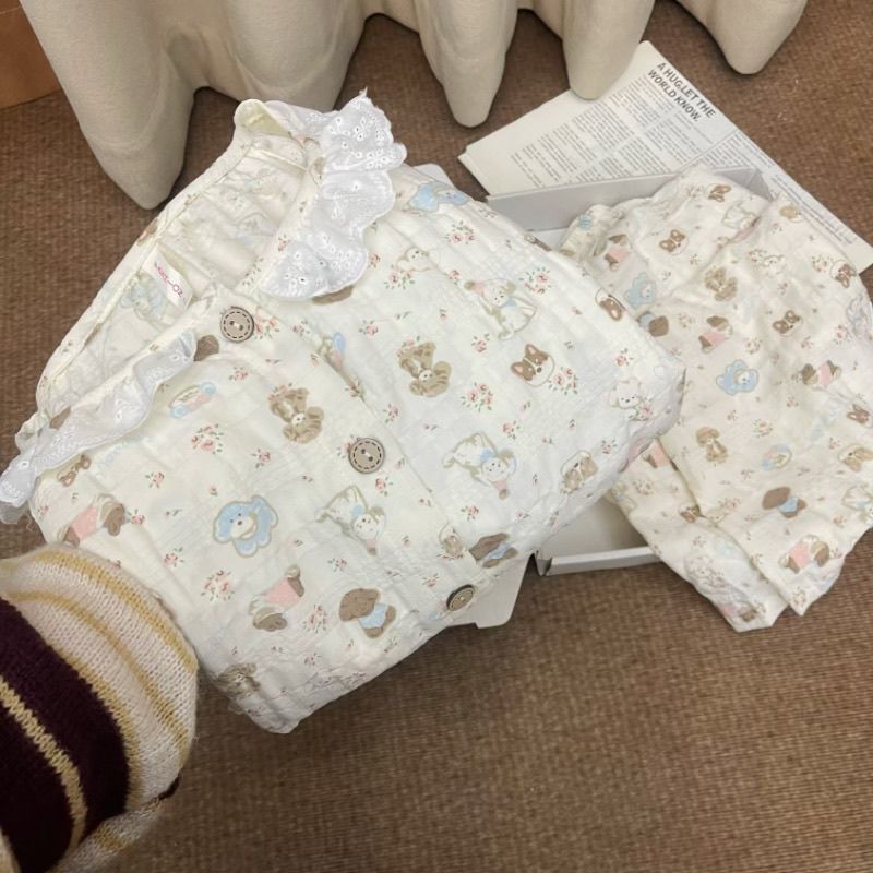 可外穿春秋季云朵绵长袖女士睡衣卡通小狗翻领大码家居服两件套装