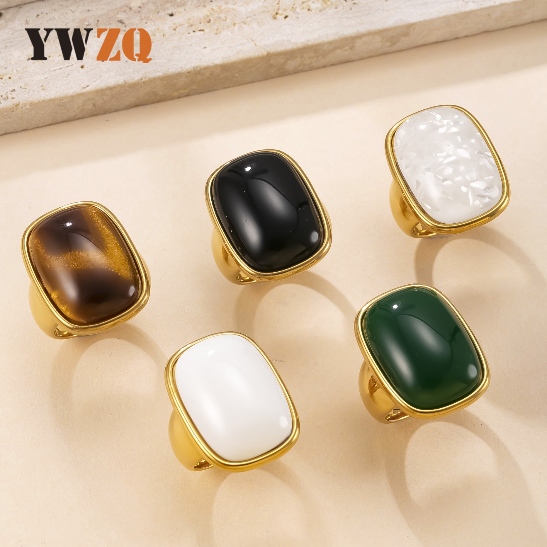 Cross-Border Stainless Steel Jewelry Retro High-End Couple Ring Casting Square Inlaid Natural Stone Titanium Steel Ring