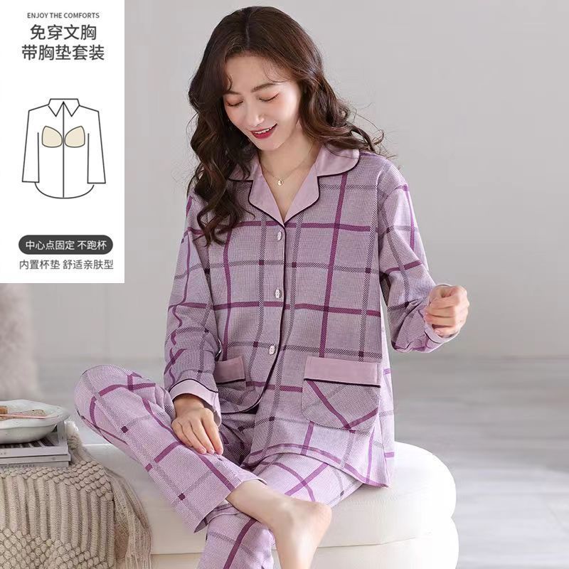 Pijama con cojín de pecho para mujeres primavera y otoño mangas largas 2023 nuevo conjunto de ropa de casa de otoño para mujeres