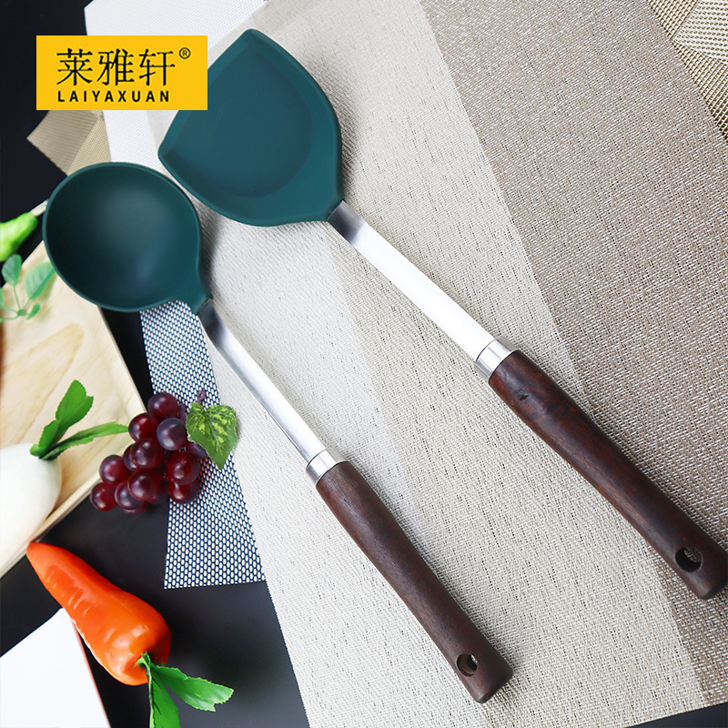 Stainless steel lengthened wooden handle silicone spatula kitchen supplies household non-stick frying spatula soup spoon cooking pot spatula