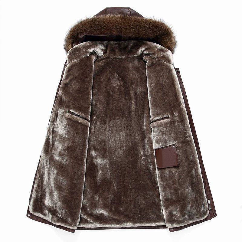 Men's Fur-Trimmed Faux Leather Coat, Thick Plush Lining, Winter Warm Parka