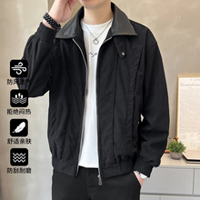 2025新款秋季pu薄款拼接宽松领口翻领夹克潮流痞帅韩版男士外套