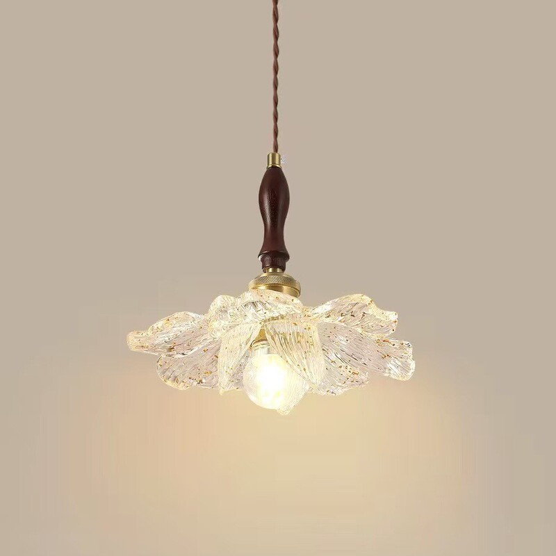 French-Style Vintage Bedroom Bedside Pendant Light with Creative Petal Design, Gold Foil, Walnut-Colored Solid Wood Bar Counter Dining Room Pendant Light French-Style Vintage Bedroom Bedside Pendant Light with Creative Petal Design, Gold Foil, Walnut-Colored Solid Wood Bar Counter Dining Room Pendant Light