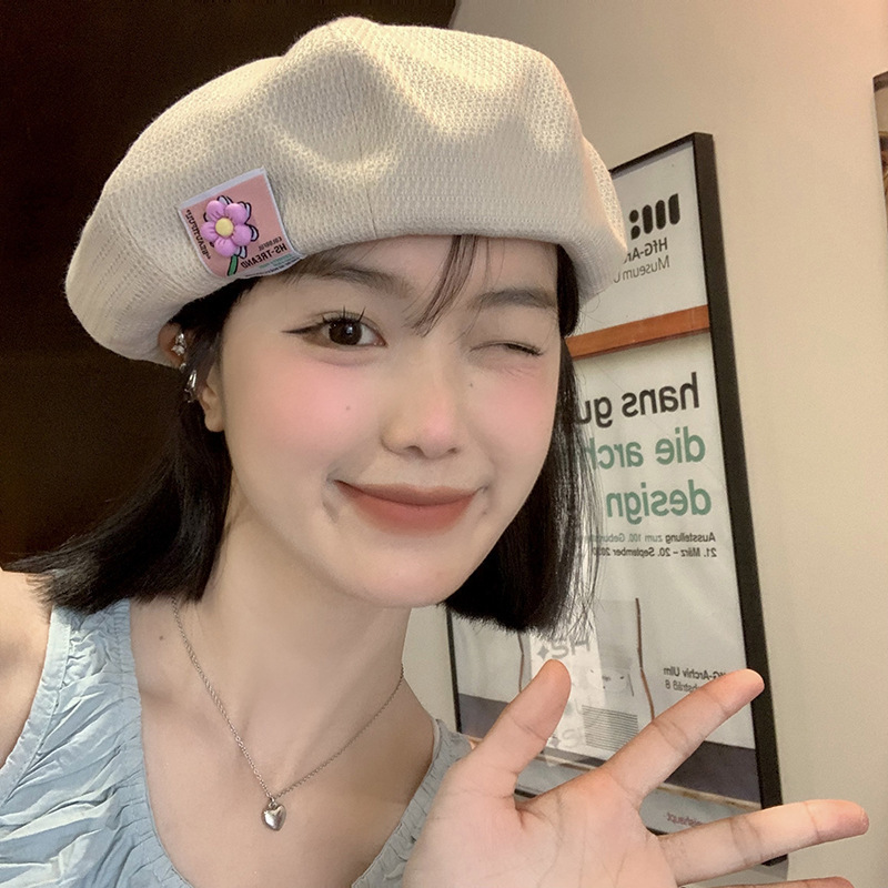 日系可爱花朵蓓蕾画家帽女大头围显脸小贝雷帽百搭薄款八角帽子潮|undefined