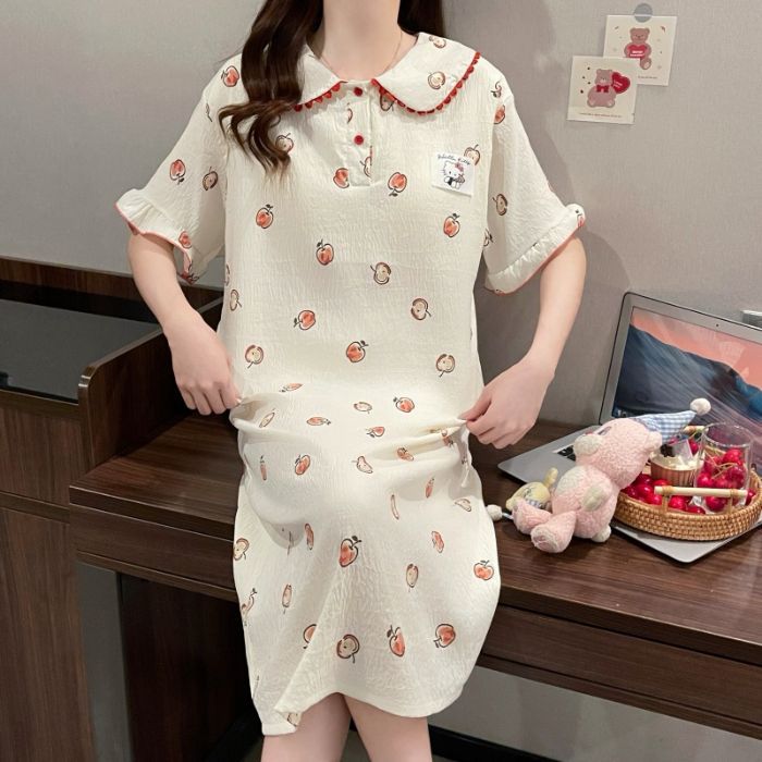 Camisón de algodón de nube con almohadilla para el pecho pijama de cuello de muñeca de manga corta de verano para mujer