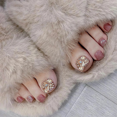 JZ-083穿戴甲美甲甲片批發粉色閃粉滿鑽腳指甲貼可拆卸片防水腳甲