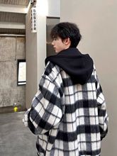 小香风黑白格子毛呢外套男款春秋假两件大衣韩版连帽夹克褂子