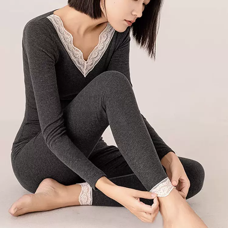 蕾丝花边v领秋衣秋裤轻奢保暖内衣套装秋冬季打底衫女美体内衣