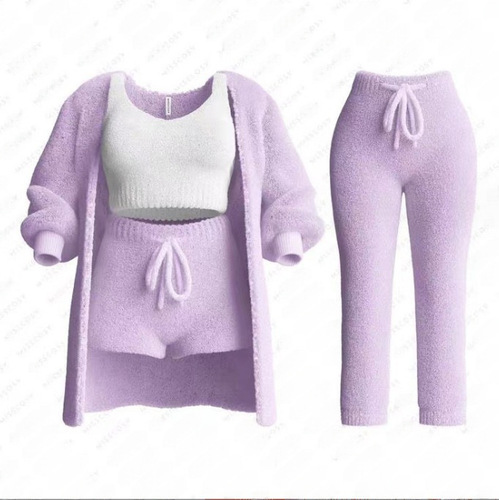 2025 Autumn/Winter New Cross-border Amazon Knitted Plush Long-sleeved Jacket, Backless Short, Four-piece Set + Three-piece Set