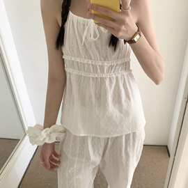 白色蕾丝花边系带吊带上衣长裤睡衣套装女夏季甜美风家居批发