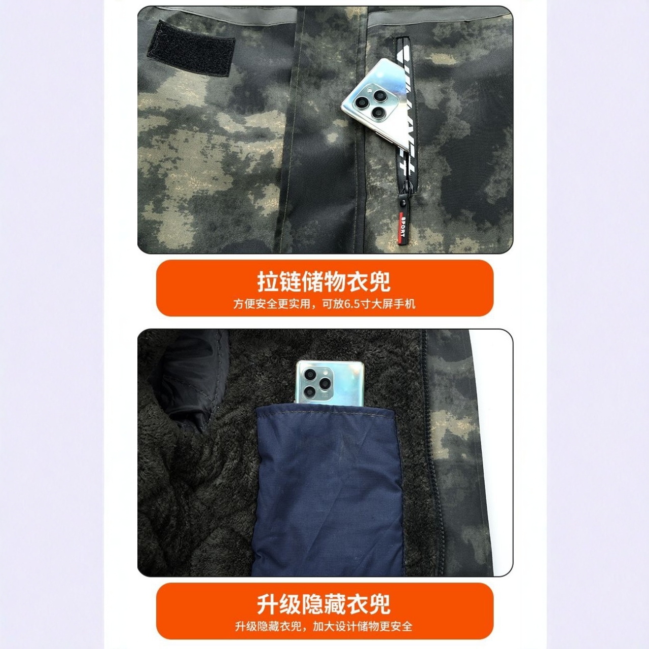 겨울용 긴팔 남성 반사 다기능 위장 면복, 벨벳 안감, 두꺼운 중간 길이, 냉장고 방한 방수