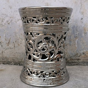 Modern Chinese Plating Tuhao Golden silver Ceramic Drum Stool European Style Furniture Creative Hollow Chair Round Stool Porcelain Stool