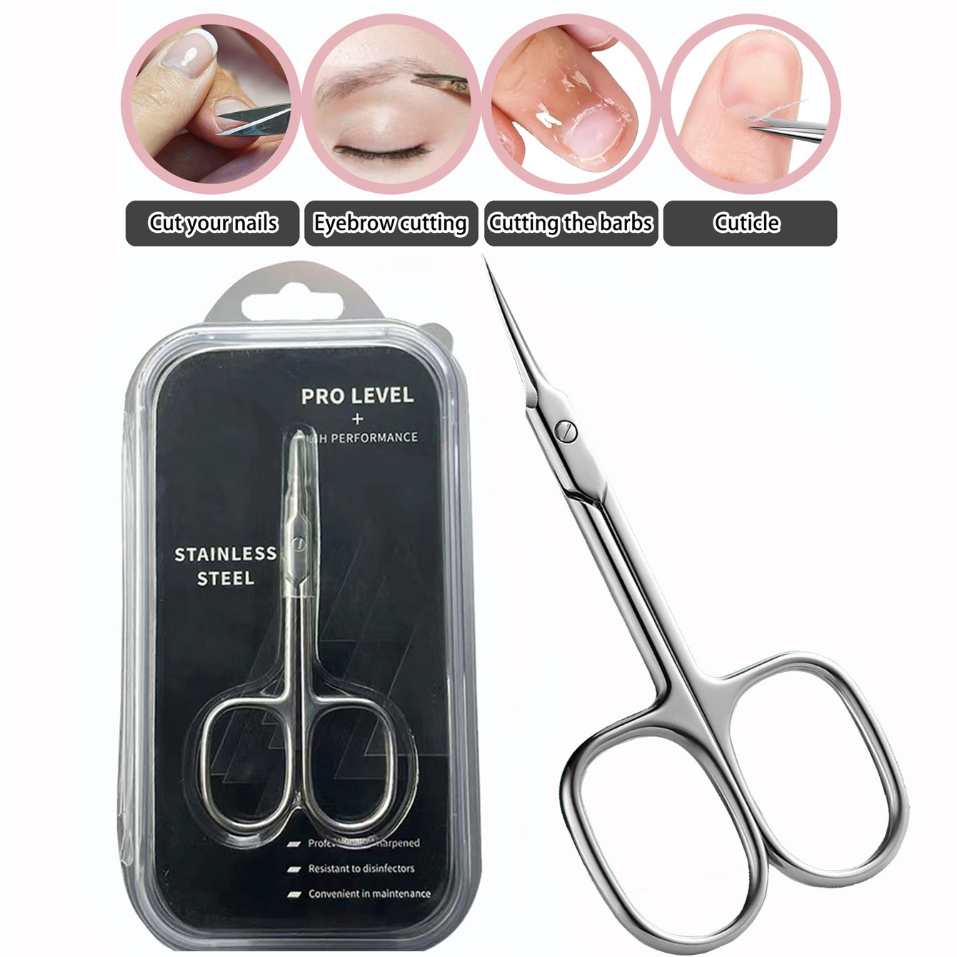 Tijeras para cutículas de acero inoxidable de primera generación con borde curvo y cuchillas de 4 lados para un corte fácil, ideales para decoración de uñas y manicura.