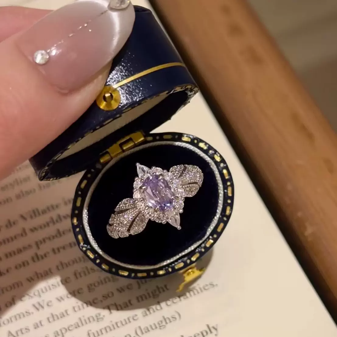 轻奢高级感气质超闪淡紫色锆石戒指时尚小众设计开口可调节女指环