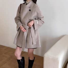 秋冬人字纹立领插兜大衣女羊毛时尚通勤中长款毛呢大衣韩系上衣女