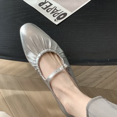 葡萄媽studiolee 法式圓頭一字帶氣質羊紋平底銀色瑪麗珍單鞋女夏