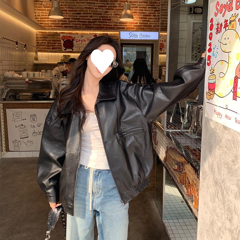 Cross-Border Black American Retro Pu Leather Jacket for Women Spring & Fall New Style Loose Motorcycle Leather Jacket