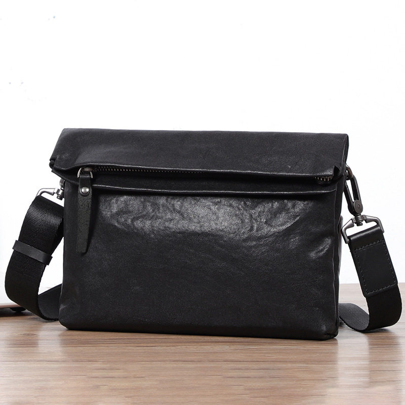 Túi đeo chéo nam da bò thuộc da thật kiểu thể thao, túi cầm tay nhỏ gọn 29×11×17 cm — Màu đen