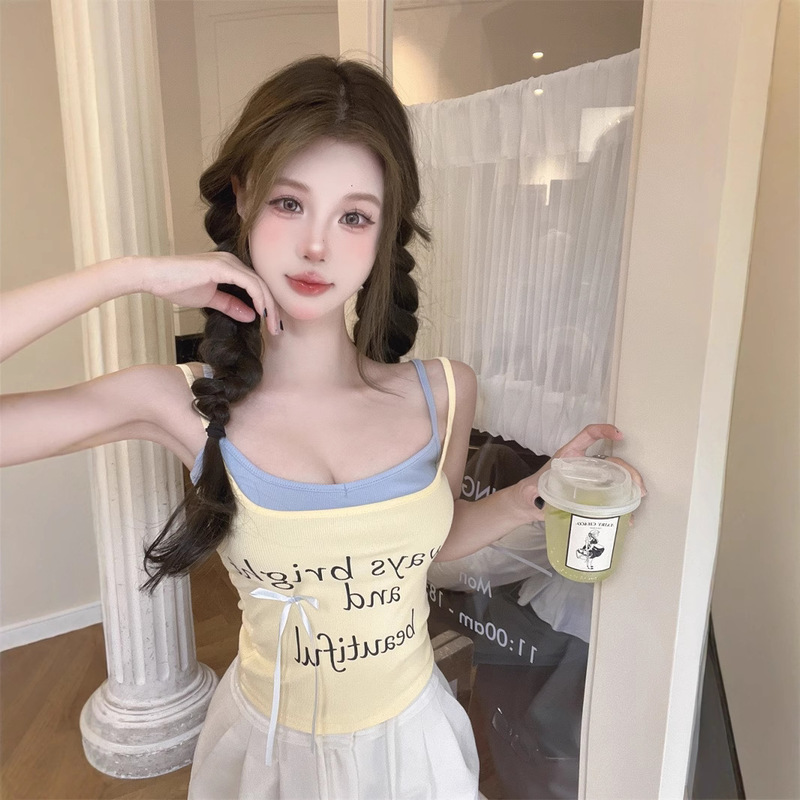 Rc Cotton Contrasting Color Fake Two-Piece Camisole High Quality with Chest Pad Pure Lust Bow Print Outer Top for Women