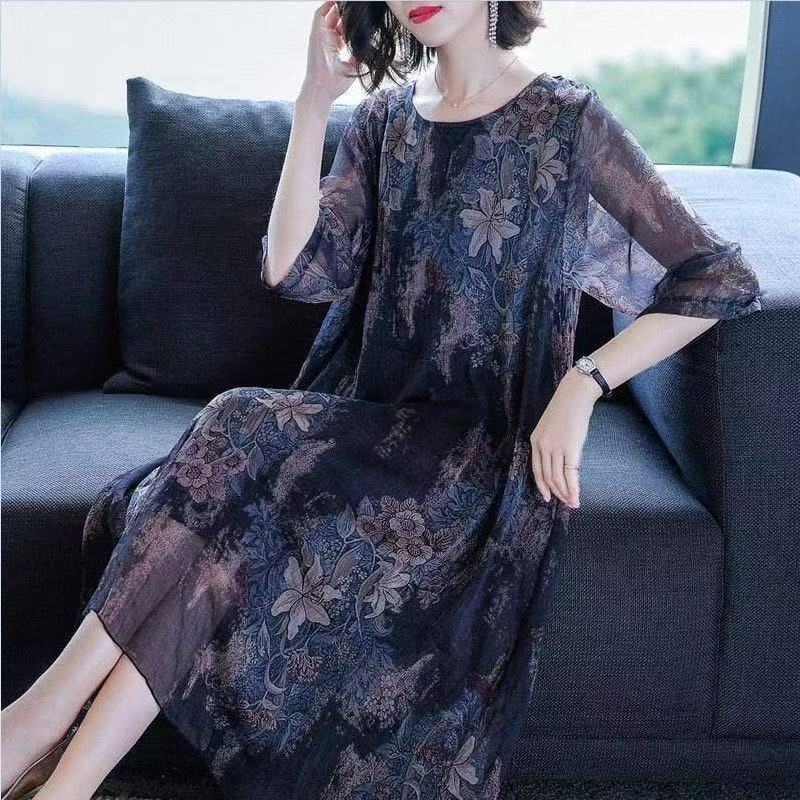 Summer New Style Mother's plus size Chiffon dress Women's Mid-Sleeve Thin Floral Base Skirt Knee-length Skirt Summer New Style Mother's plus size Chiffon dress Women's Mid-Sleeve Thin Floral Base Skirt Knee-length Skirt