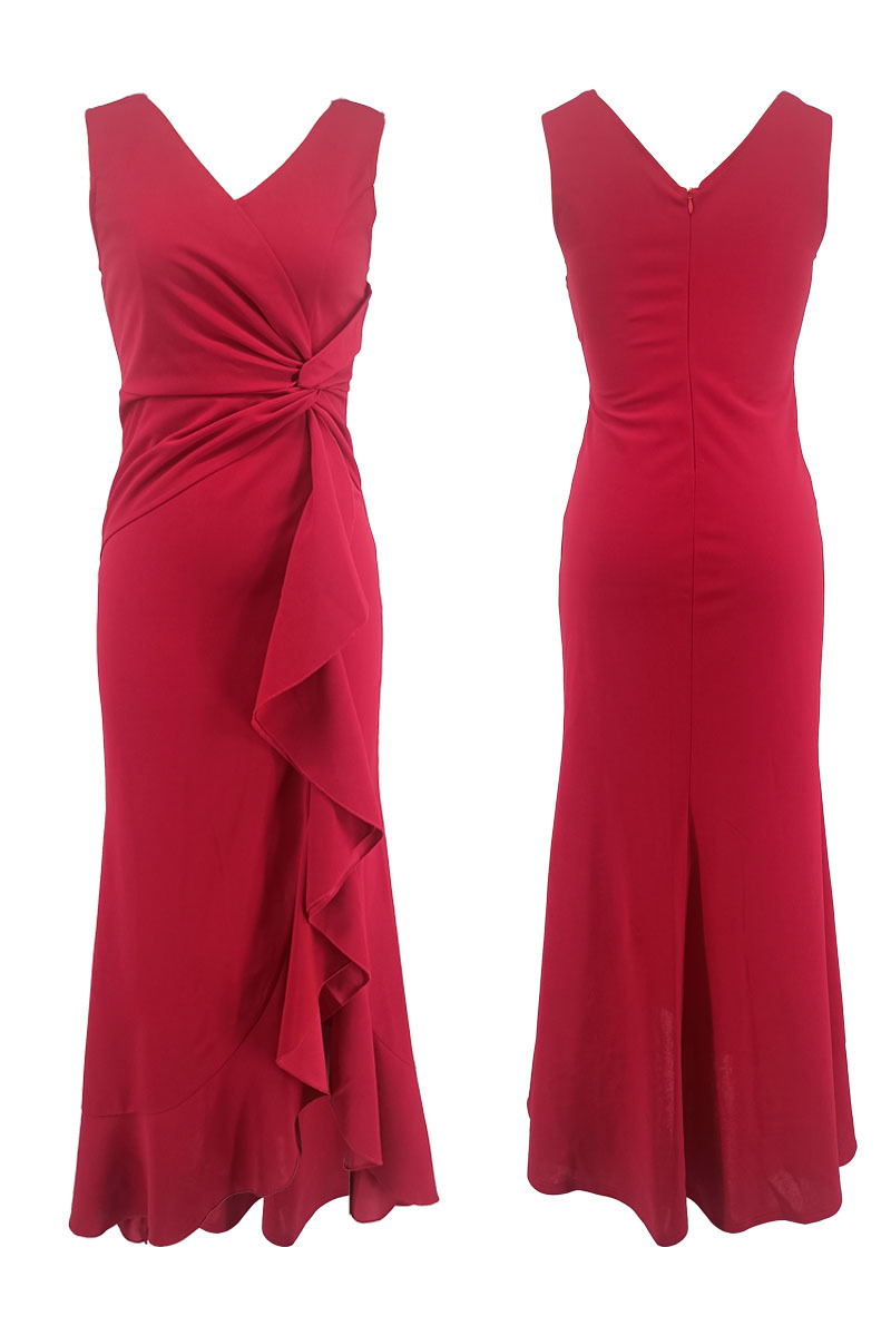 V neck Sleeveless Slim Fit Elegant Ruffled Split Long Evening Dress